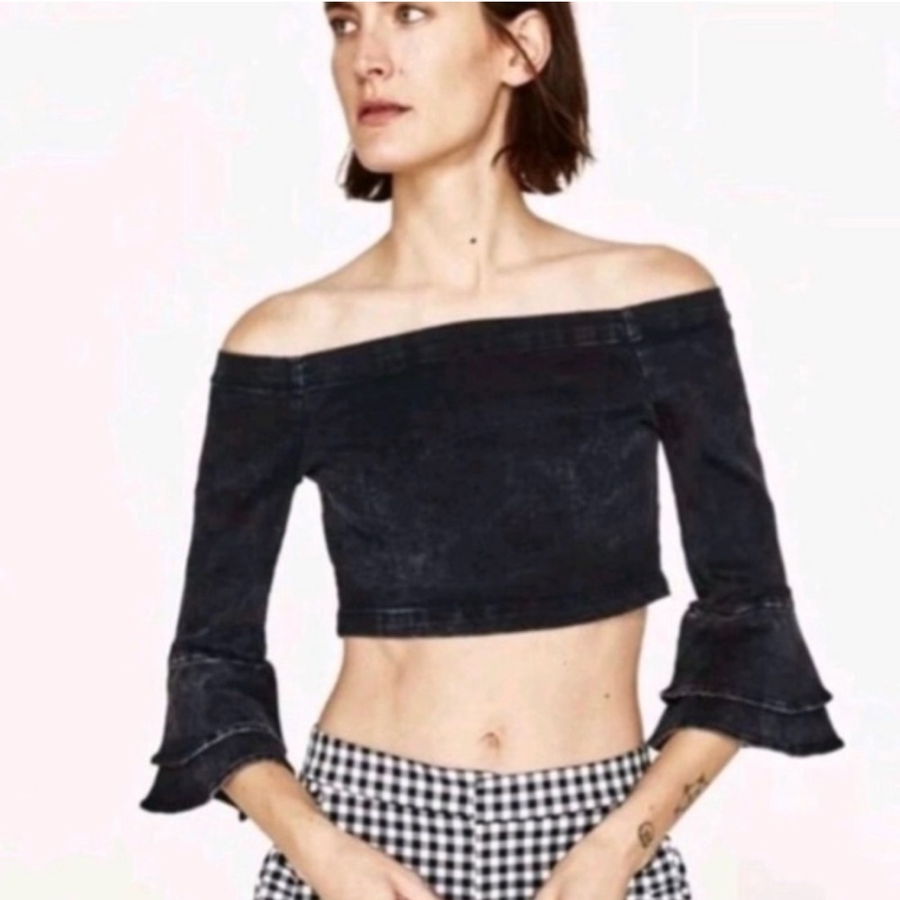 Zara Black Acid Wash Denim Off The Shoulder Tiered Bell Sleeve Crop Top